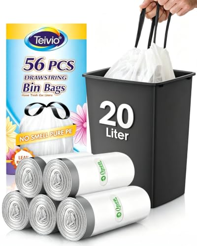 Teivio 20 Liter Small Bin Liners with Tie Tap 56 Counts Strong Drawstring Pedal Bin Bags Fit 15-20L Trash Can Waste Paper Bin Bags for Home Office Kitchen Bathroom Bedroom White Toilet Rubbish Bag