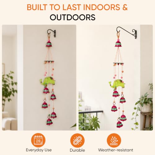 Image of Aakriti Art Creations Elephant Wind Chime with 5 Metal Bells | Handmade Modern Art Wooden & Metal Wind Chime | Outdoor & Indoor Decorative Wind Chimes for Balcony, Garden, Living Room & Gifting