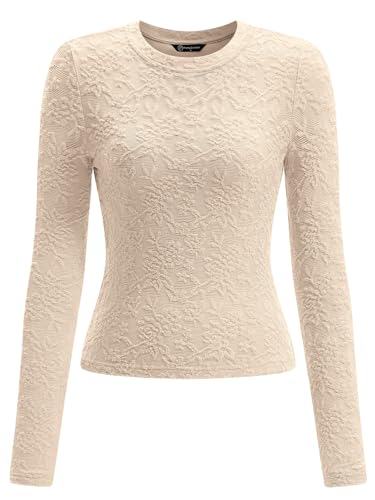 PRETTYGARDEN Women's 2025 Fall Long Sleeve Lace T Shirts Crewneck Silm Fit Embroidered Fashion Mesh Tops Shirts