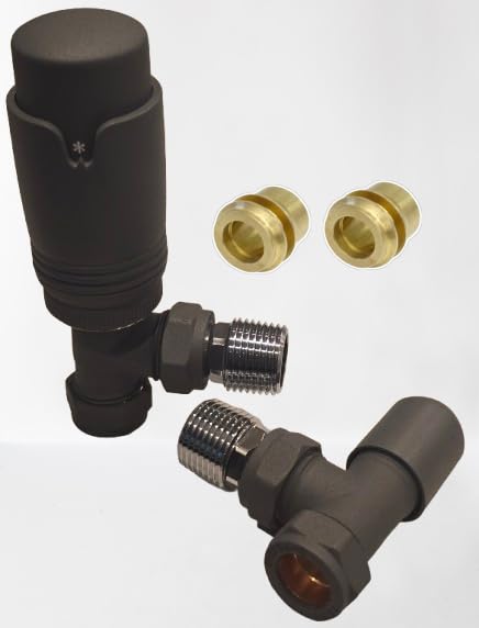 Team Controls Anthracite Grey Angled Thermostatic Radiator Valves & Lockshield 10mm Pack Set-inc 2no. 10mm Inset reducers