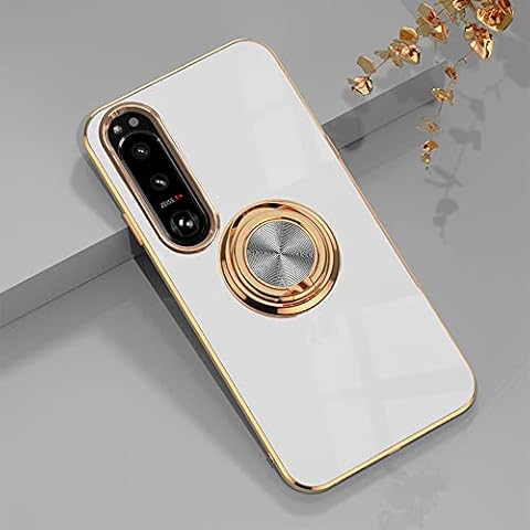 Sony Xperia 5 IV Case with Built-in Kickstand, 360 Degree Rotation Magnet Ring Holder Electroplated Glitter Cover Soft Silicone Shockproof Protective Phone Case for Sony Xperia 5 IV, White Cover