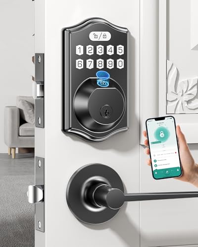 LCWZSA Electronic Door Lock for Family: Keyless Entry Deadbolt & Handle Set – 0.3s Fingerprint & 100 Codes – Weatherproof for Front Door – Smart Lock with Digital Keypad Auto-Lock