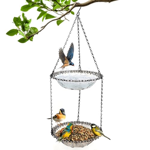 AROMUJOY Comedero Pajaros Exterior Colgar, Bebedero Pajaros Colgante, Bebedero para Pájaros Silvestres Colgante de 2 Niveles, para Jardin Balcon Arbol Gorriones Pequeños, Atraer Pájaros