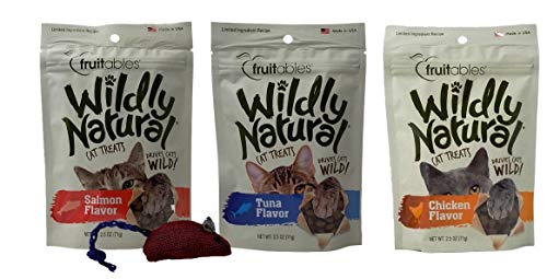 Fruitables Wildly Natural Crunchy Limited Ingredient Cat Treats 3 Flavor Variety with Toy Bundle, (1) Each: Salmon, Tuna, Chicken (2.5 Ounces)