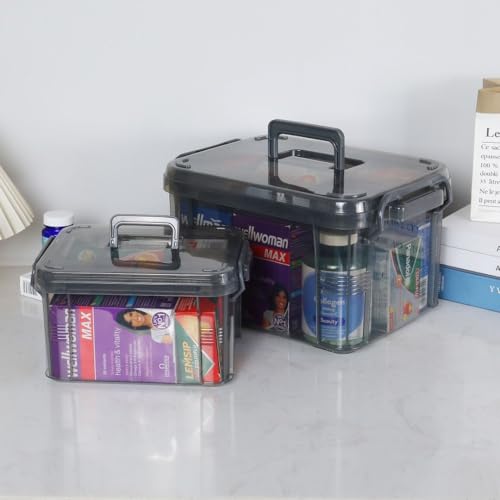 Image of HEY FOLY 15qt Medicine Organizer Storage Box with Tray, Set of 2 Plastic First Aid Box Empty, Thickened Medicine Container Chest, Multipurpose Medical Case with Labels, Grey Medicine Caddy
