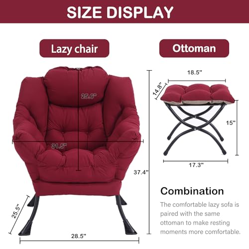Image of LITA Lazy Chair with Ottoman, Modern Accent Leisure Upholstered Sofa Chairs, Contemporary Lounge Reading Chairs with Armrests and a Side Pocket for Living Room, Bedroom & Small Space, Burgundy