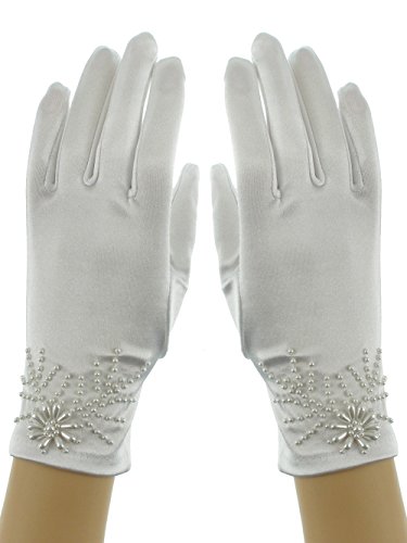 Wrist Length 9-inch Embroidered Floral Faux Pearl Shinny Satin Bridal Gloves White