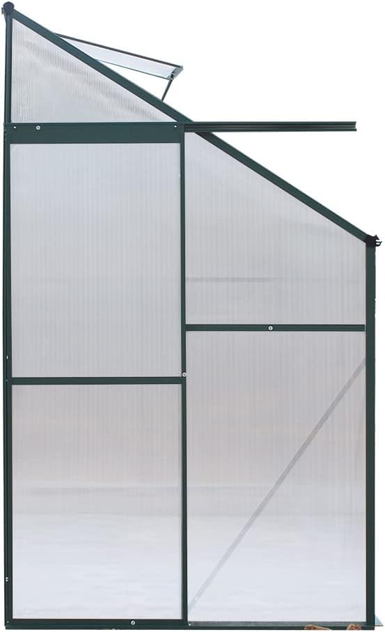 Lean to Greenhouse, Walk-in Polycarbonate Green House with Roof Vents, 252x127x213cm Aluminium Frame Gardening Supplies with Lockable Door, Gutter System and Plant Storage Shelves