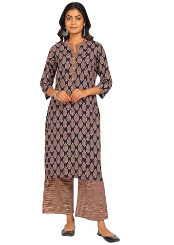 Image of BLOCKS OF INDIA Women's Solid Straight Kurta Set | Hand-Stitched Neck Details with Pintucks | Comfortable Pants with Pockets, Elastic Waist & Drawstring Fit