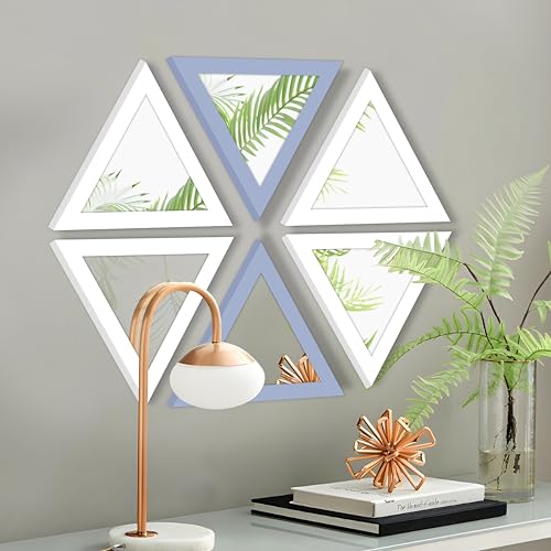 Image of Art Street Acrylic Triangle Decorative Wall Mirror Set of 3 Triangle Shape Mirror for Home Decoration, (9x9 Inch, White, Light Blue)