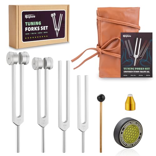 Tuning Forks for Healing, Aluminum Alloy Tuning Fork 128Hz, 136.1Hz, 256Hz, 384Hz, Hockey Puck Activator & Gem feet, Weighted & Unweighted Tuning Fork Set with Vegan Leather Pouch