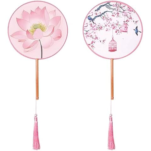 BAOZOON 2 Pcs Silky Translucent Ancient Round Fan Classic Silk Hand Held Fan Floral Pattern Palace Paddle Dance Fan with Tassel Wooden Handle Wedding Favor Gift Home Decor Cover