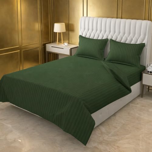 Image of Prozone Premium Satin Stripe Double Bedsheet with 2 Pillow Covers | Soft & Luxury Hotel Style Bedding for Double Bed (Green)