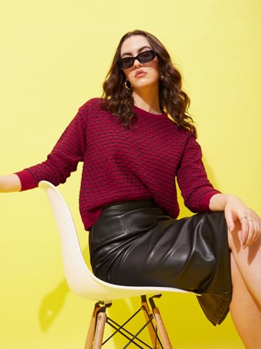 Image of Modeve Self Design Round Neck Casual Women Crop Top Sweater||Winterwear||