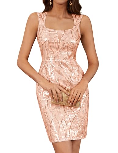 GRACE KARIN Women's Bodycon Sparkly Glitter Sequin Dress Stretchy Sleeveless Sexy Club Above Knee Dresses Cocktail Party Rose Gold