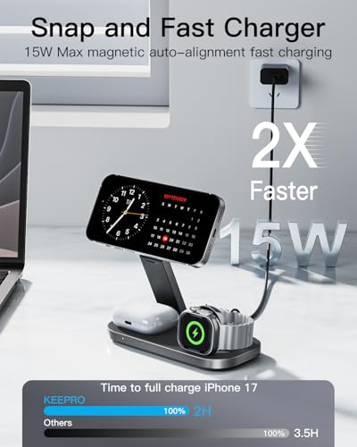 Image of Keepro 3-in-1 Charging Station for Apple Device, Foldable Magnetic Wireless Fast Charger Stand Compatible with MagSafe for iPhone 17e /17 /16 /15 /14 /13 /12 /Air Series, Apple Watch & AirPods-Black