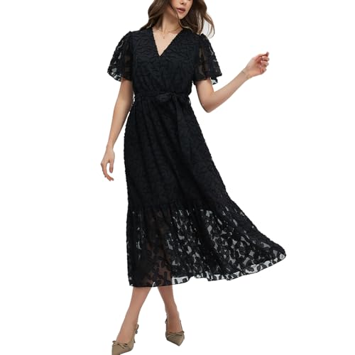 Image of Women's Summer Bohemian Floral Chiffon Dress Cap Sleeve V Neck Ruffle Long Flowy Boho Casual Vacation Dresses
