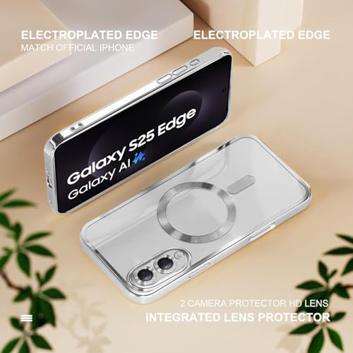 Image of VONZEE Clear Logo Electroplating Transparent Clear Case for Samsung Galaxy S25 Edge 5G, Magnetic Plating [Support for MagSafe Charger] Electroplate TPU Cover-Silver
