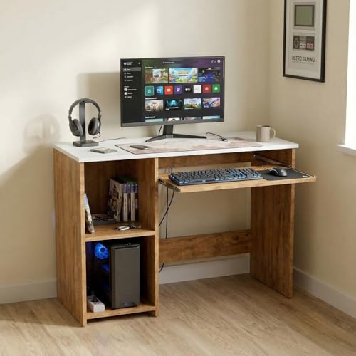 Image of FFO GlideDesk Wooden Computer Desk with Sliding Keyboard Tray & Storage Shelf | Compact Study & Work Table for Home Office | Space Saving Writing Desk | Engineered Wood