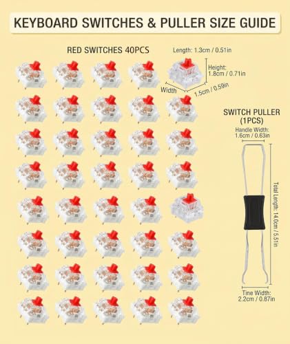 Image of 40 Pcs Keyboard Switches with Piercing, Red Switch Mechanical Keyboard, Key Puller Universal, 40-Pc Red Clicky 3-Pin Tactile Set
