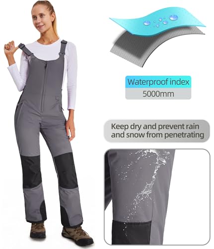DAFENP Damen Skihose Latzhose Wasserdicht Softshellhose Overall Winter Warm Gefüttert Schneehose Snowboardhose mit Verstellbaren Hosenträgerhose HXK8778W-Grey-XS