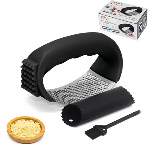 Stainless Steel Garlic Presser With Garlic Peeler Tube and Cleaning Brush, 2024 Upgrades Best Garlic Press, Garlic Mincer Tool, kitchen Gadgets (Black)
