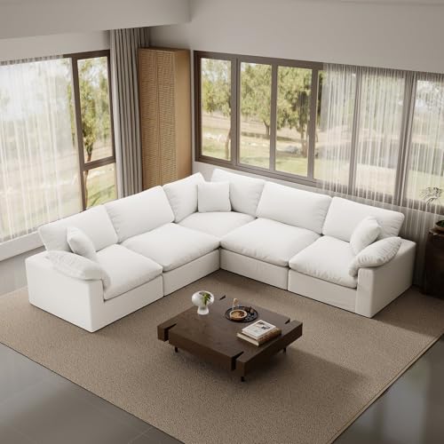 Image of Cloud Modular Sectional Sofa,211.6 inch Down Filled Sofa 5 Seat with Chaise,Minimalist Sofa Cover Washable and Replaceable Couches for Living Room,Sectional Sofa Deep Seat White