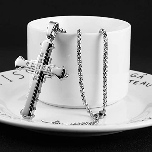 HZMAN Religion Men's Large Byzantium Stainless Steel Cubic Zirconia Cross Necklace Pendant 22 + 2 Inch Chain4