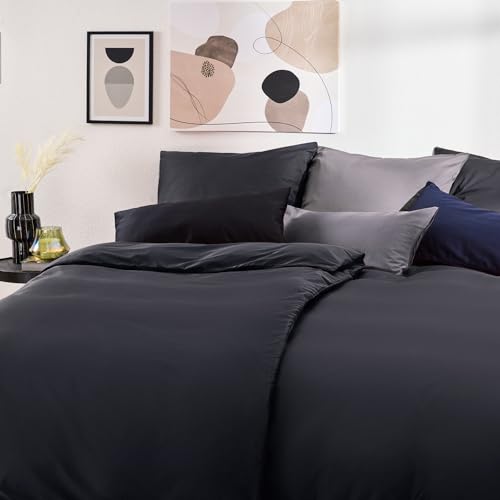 Blumtal Mako Satin Bettwäsche 135 x 200 & 40x80 cm Kissenbezug Schwarz - Oeko Tex Zertifizierte Satin Bettwäsche aus 100% Baumwolle - edler Bettbezug Glanzoptik 135x200 Satin mit Reißverschluss