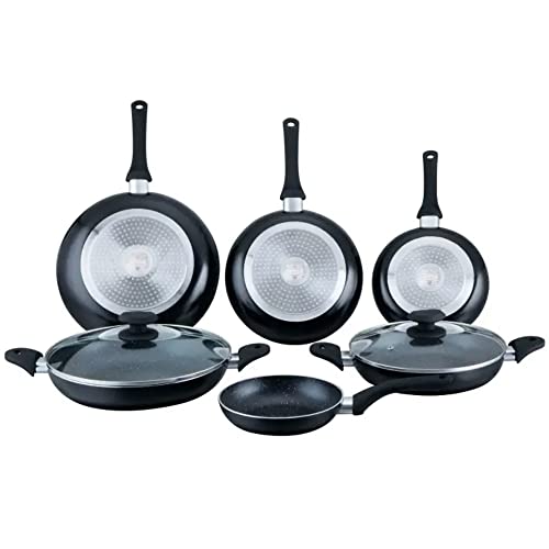 Herzberg Batterie de Cuisine - Lot de Casserole Induction - Set Casserole et poele Tous Feux - Batterie de Cuisine revetement Pierre 8 Pieces Noir Tous Feux HG6010-BLK