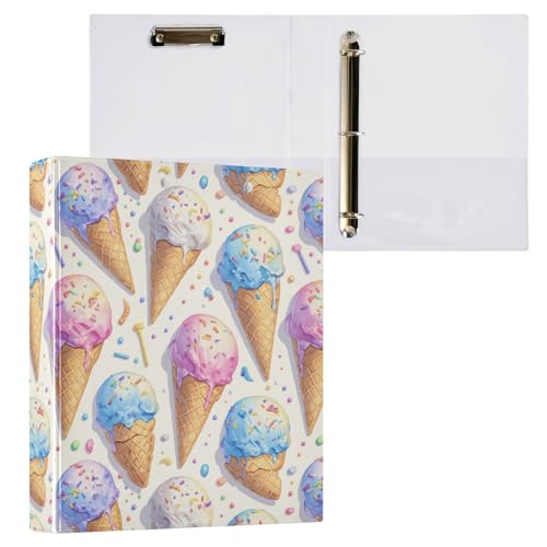 Foiosoh Carpetas de anillos redondos de 1 y 1/2 pulgadas con bolsillos, paquete de 1/2 carpeta escolar, tapa dura, bonito patrón de helado