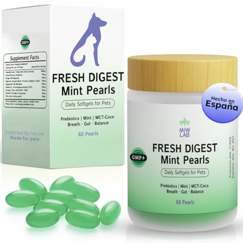 MIWLAB® Chicles Menta para Mal Aliento y Estomago Perros con Prebioticos Enzimas Digestivas Formula Veterinaria Alternativa al Polvo Dental y Cepillo Dientes Perro Placa y Sarro 60 Capsulas Blandas