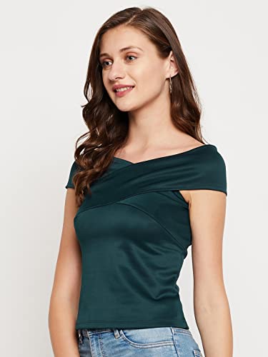 Image of LE BOURGEOIS Women Solid Slim Fit Western Off-Shoulder Short Sleeve Crop Top