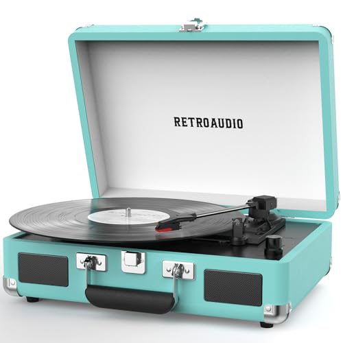 Vinyl Record Player 3-Speed Bluetooth Portable Suitcase Belt-Driven Record Player with 2 Built-in Stereo Speakers Vinyl Vintage Turntable Records Player with RCA Line Out, AUX Out (Cyan)