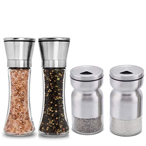 Home EC Premium Stainless Steel Salt and Pepper Grinder Set (Tall 2pk) and Salt and Pepper Shaker Set (2pk) Adjustable Glass and Stainless Steel Salt and Pepper Mills and Shakers w/funnel Bundle