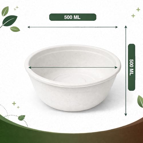 Image of Eco Aaroyaa Disposable Bagasse Bowls - 500 ML - Pack of 25 Biodegradable Disposable Bowls - Eco-Friendly Dip, Sauce, Chutney & Dessert Cups - Leak-Resistant Small Serving Bowl (Pack of 25)
