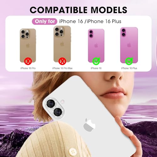 Image of CLITZ for iPhone 16 /16 Plus Camera Lens Protector Bling Individual Metal Diamond Ring 9H Hardness Scratchproof Protector, Stylish Phone Accessories, Case Friendly (Silver Diamond)