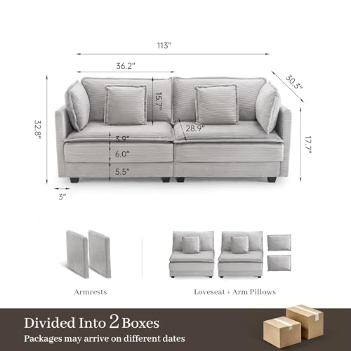 Image of 78.4 inch Corduroy Loveseat, Small Sectional Sofa for Small Spaces, Apartment, Home Office, or Cozy Corner, Lightgrey