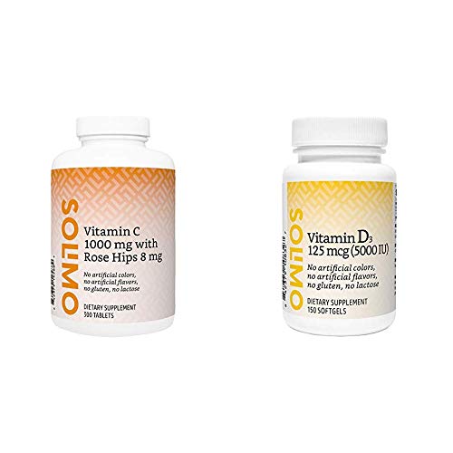 Amazon Brand - Solimo Vitamin C 1000 mg with Rose Hips 8 mg, 300 Tablets, Ten Month Supply & Solimo Vitamin D3 125 mcg (5000 IU), 150 Softgels, Five Month Supply (Packaging May Vary)