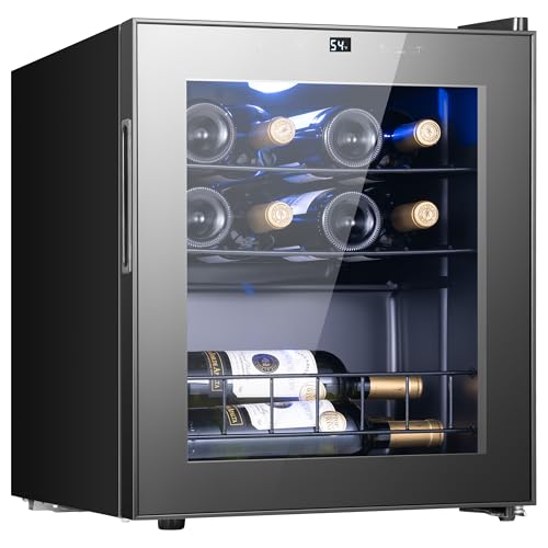 Yeego Wine Fridge, 12 Bottles Wine Cooler Refrigerator, 38-65? Freestanding Mini Fridge with Digital Temperature Control & Double-layer Glass Door & Blue Ambient Lights for Home, Kitchen, Office, Dorm