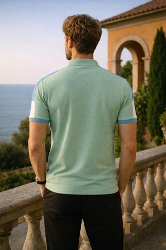 Image of Louis Philippe Men's Slim Fit Premium High-End Pique in Superior Cotton Cut & Sew Design Color Block Shoulder Half Sleeve Polo Tshirt