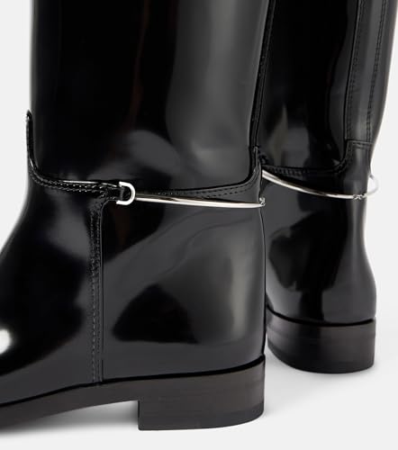 Women's Knee High Riding Boots - Pointed Toe Pull-On with Ankle Chain, Chunky 1" Heel & Patent Leather, All-Season Casual/Formal Dress Boots 5