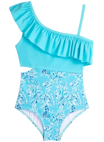 Image of Alakuoti Girls One Piece Swimsuits Cutout Ruffle Bathing Suit Quick Dry Beach Swimwear with Adjustable Strap 5-14 Years