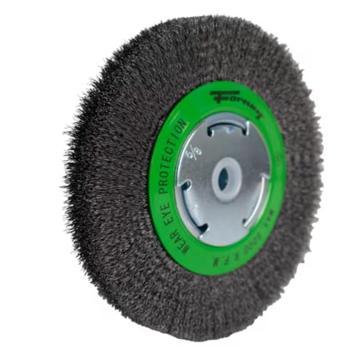 Image of Forney 72751 6-Inch Wire Bench Wheel Brush | Features narrow face fine crimped wire with 1 /2-inch and 5 /8-inch arbors. Ideal for surface prep and rust removal.