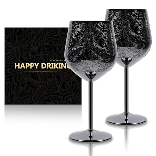 Etched Stainless Steel Wine Glass Set of 2, Black Wine Glasses with Baroque Engravings, Unbreakable Royal Style Wine Goblets, Unique Halloween Wine Glasses Black Plated, Anniversary Steel Gifts