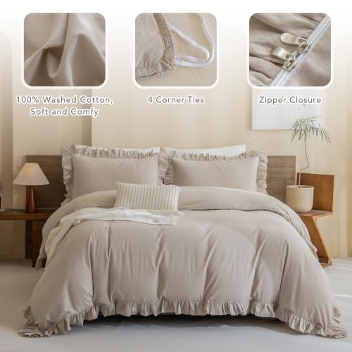 Image of QSH Washed Cotton Queen Duvet Cover Set Ruffle Duvet Cover Linen Textured Farmhouse Shabby Vintage Chic Bedding Comforter Cover 3 PCs Aesthetic French Country Queen Bed Set