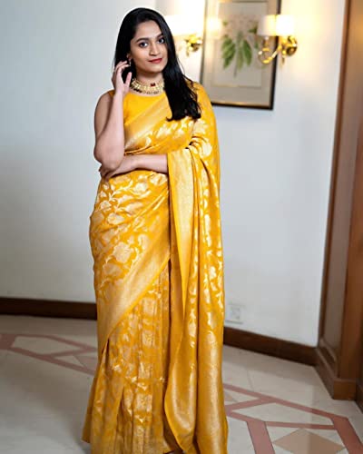 Image of Flosive Women's Present Banarasi Soft Lichi Silk Saree Beautiful Jacquard Rich Pallu Design Work Zari Woven Kanjivaram Silk Style Saree With Soft Lichi Silk Blouse Piece (Yellow).