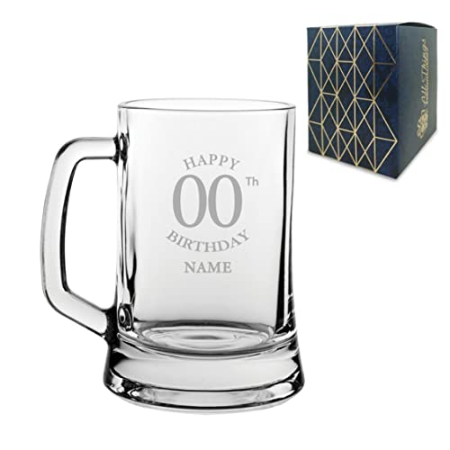 Personalised Engraved Tankard Beer Mug Stein Happy 20,30,40,50... Birthday Classic Design, 16.75oz/495ml Classic Beer Glass, Any Name, Engraved in The UK