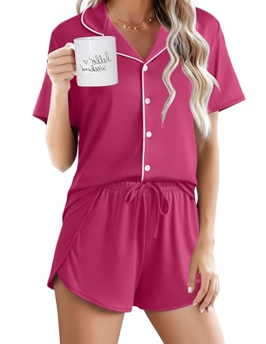 Image of Ekouaer Pajamas for Women Set Button Up Sleepwear 2 Piece Pjs Lounge Set Short Sleeve Nightwear