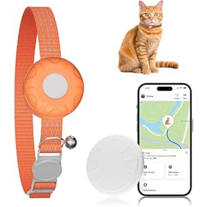 Cat GPS Tracker, Smart Cat GPS Tracker Compatible with Apple Find My App (Only iOS), No Monthly Fee, Waterproof, Breakaway Collar Included (White Tracker, Orange Cat Collar)